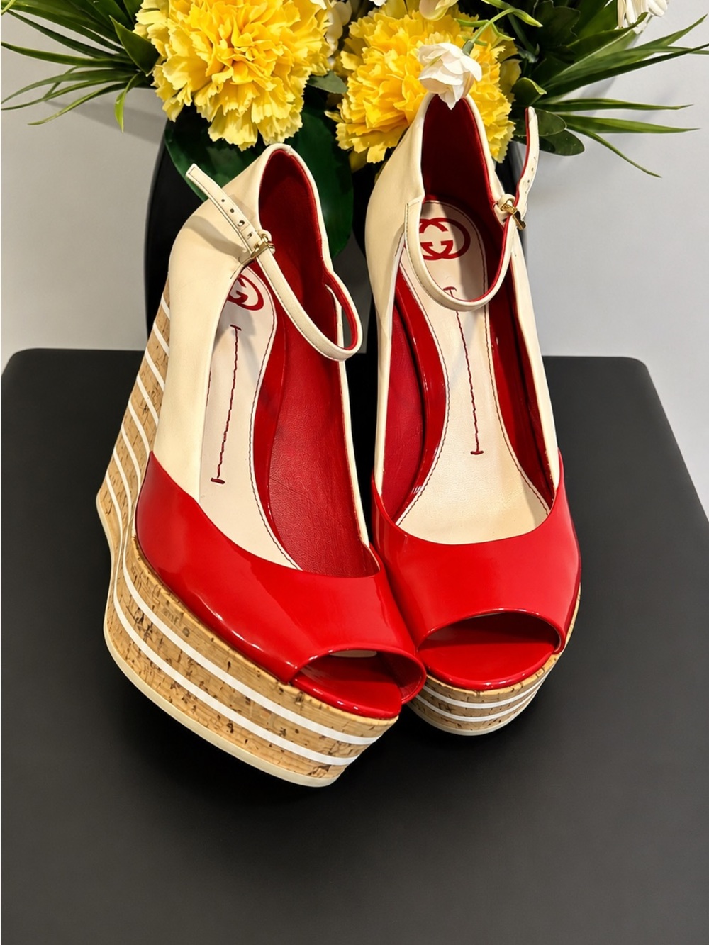 Gucci Red and Cream Patent Leather Platform Wedges